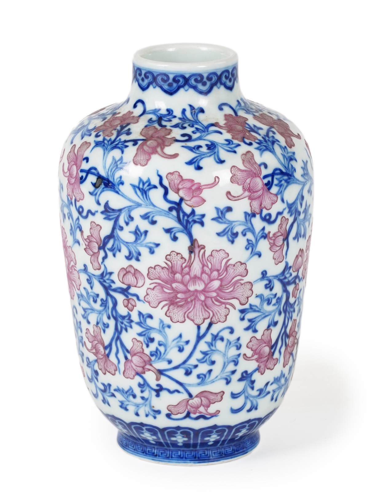 A Chinese pink enamelled and underglaze blue vase, six character Qianlong seal mark to base, possibly Republic period